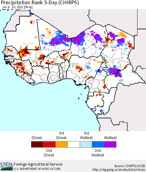 Western Africa Precipitation Rank since 1981, 5-Day (CHIRPS) Thematic Map For 7/6/2021 - 7/10/2021