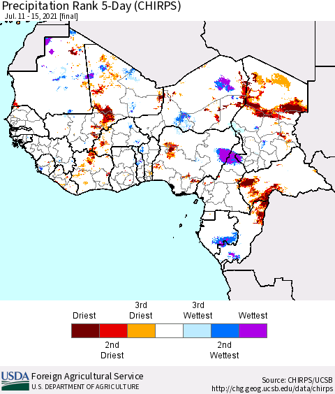 Western Africa Precipitation Rank since 1981, 5-Day (CHIRPS) Thematic Map For 7/11/2021 - 7/15/2021