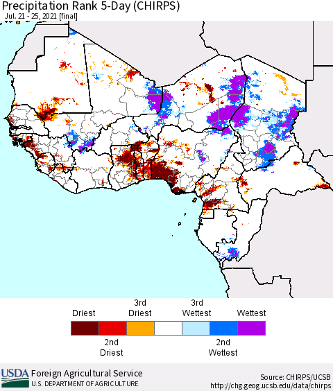 Western Africa Precipitation Rank since 1981, 5-Day (CHIRPS) Thematic Map For 7/21/2021 - 7/25/2021