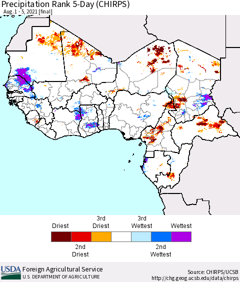 Western Africa Precipitation Rank since 1981, 5-Day (CHIRPS) Thematic Map For 8/1/2021 - 8/5/2021