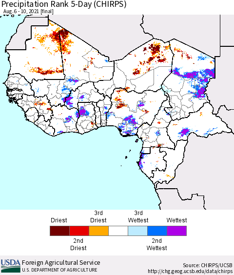 Western Africa Precipitation Rank since 1981, 5-Day (CHIRPS) Thematic Map For 8/6/2021 - 8/10/2021