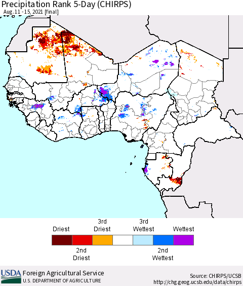 Western Africa Precipitation Rank since 1981, 5-Day (CHIRPS) Thematic Map For 8/11/2021 - 8/15/2021