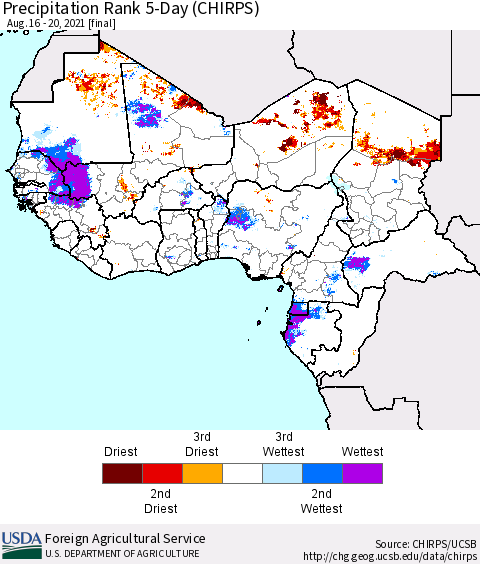 Western Africa Precipitation Rank since 1981, 5-Day (CHIRPS) Thematic Map For 8/16/2021 - 8/20/2021