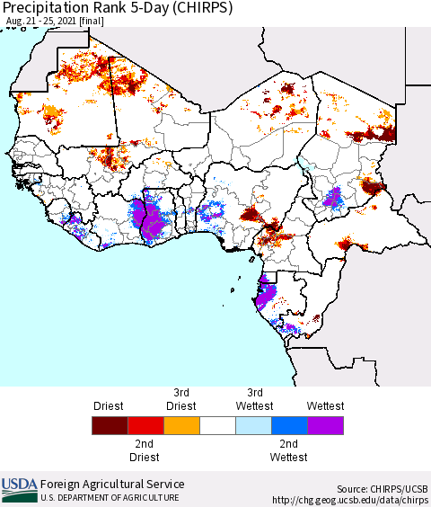 Western Africa Precipitation Rank since 1981, 5-Day (CHIRPS) Thematic Map For 8/21/2021 - 8/25/2021