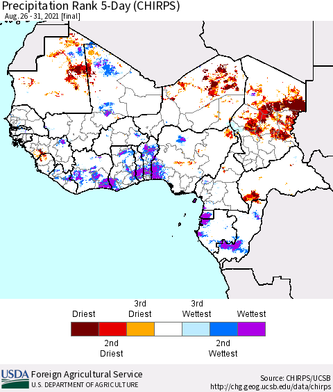 Western Africa Precipitation Rank since 1981, 5-Day (CHIRPS) Thematic Map For 8/26/2021 - 8/31/2021