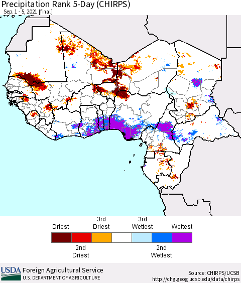 Western Africa Precipitation Rank since 1981, 5-Day (CHIRPS) Thematic Map For 9/1/2021 - 9/5/2021