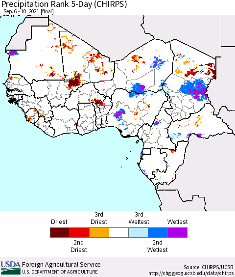 Western Africa Precipitation Rank since 1981, 5-Day (CHIRPS) Thematic Map For 9/6/2021 - 9/10/2021