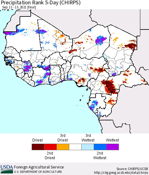 Western Africa Precipitation Rank since 1981, 5-Day (CHIRPS) Thematic Map For 9/11/2021 - 9/15/2021