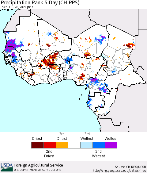 Western Africa Precipitation Rank since 1981, 5-Day (CHIRPS) Thematic Map For 9/16/2021 - 9/20/2021