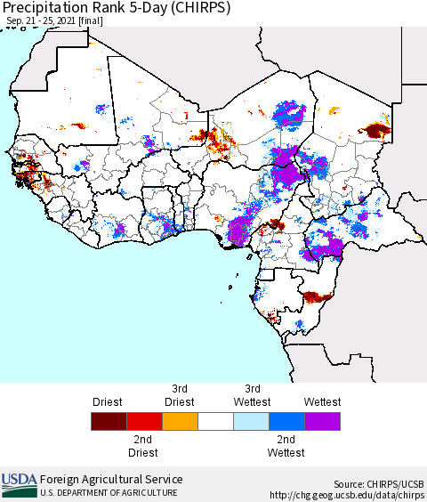 Western Africa Precipitation Rank since 1981, 5-Day (CHIRPS) Thematic Map For 9/21/2021 - 9/25/2021