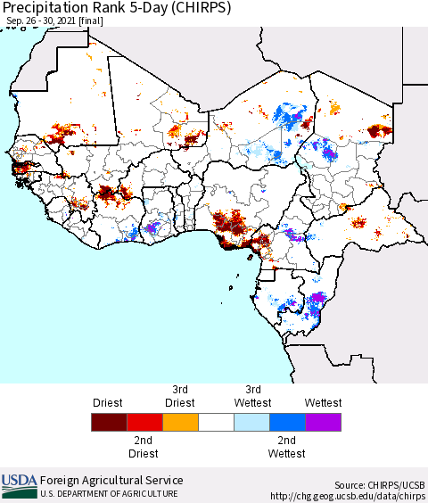 Western Africa Precipitation Rank since 1981, 5-Day (CHIRPS) Thematic Map For 9/26/2021 - 9/30/2021