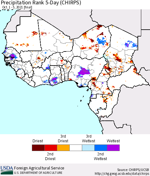 Western Africa Precipitation Rank since 1981, 5-Day (CHIRPS) Thematic Map For 10/1/2021 - 10/5/2021