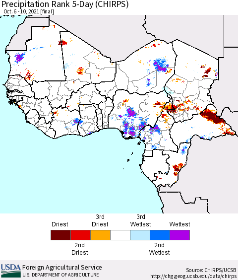 Western Africa Precipitation Rank since 1981, 5-Day (CHIRPS) Thematic Map For 10/6/2021 - 10/10/2021