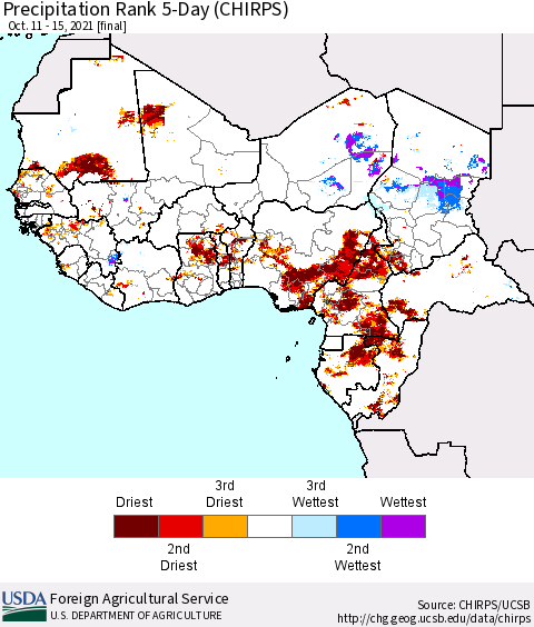 Western Africa Precipitation Rank since 1981, 5-Day (CHIRPS) Thematic Map For 10/11/2021 - 10/15/2021
