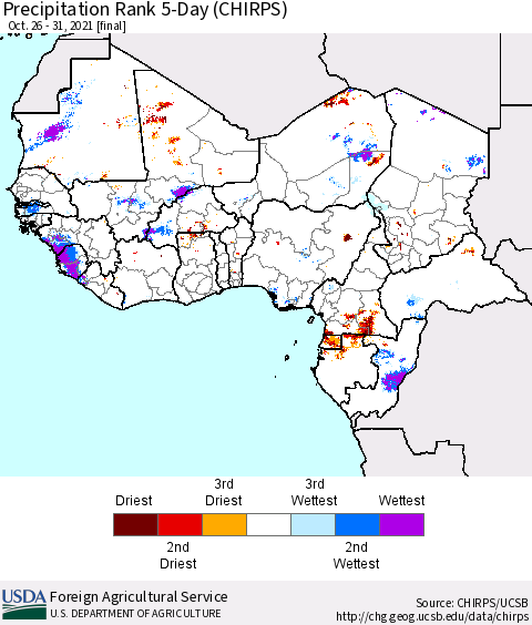 Western Africa Precipitation Rank since 1981, 5-Day (CHIRPS) Thematic Map For 10/26/2021 - 10/31/2021