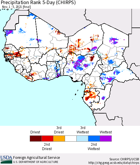 Western Africa Precipitation Rank since 1981, 5-Day (CHIRPS) Thematic Map For 11/1/2021 - 11/5/2021