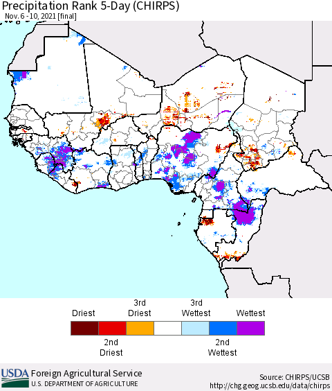 Western Africa Precipitation Rank since 1981, 5-Day (CHIRPS) Thematic Map For 11/6/2021 - 11/10/2021