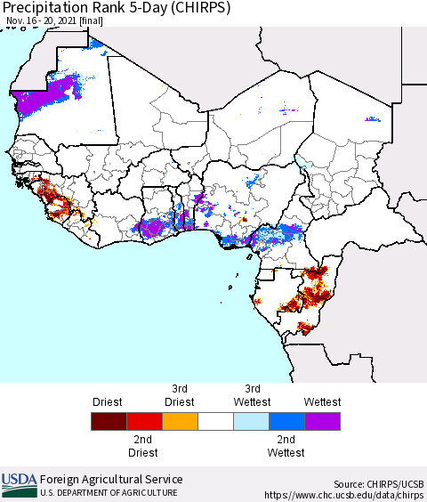 Western Africa Precipitation Rank since 1981, 5-Day (CHIRPS) Thematic Map For 11/16/2021 - 11/20/2021