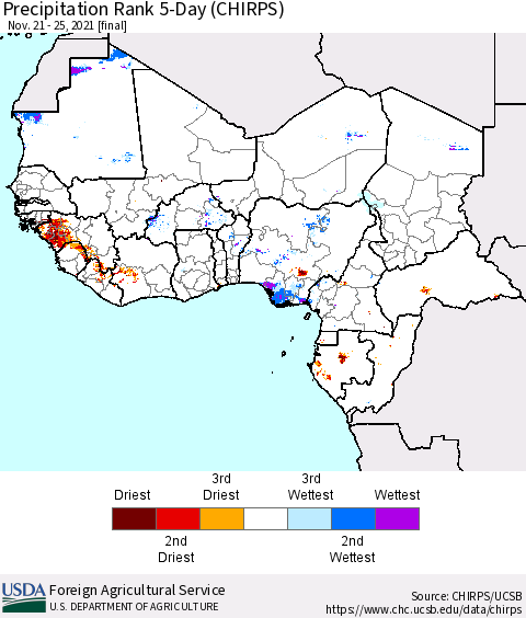 Western Africa Precipitation Rank since 1981, 5-Day (CHIRPS) Thematic Map For 11/21/2021 - 11/25/2021
