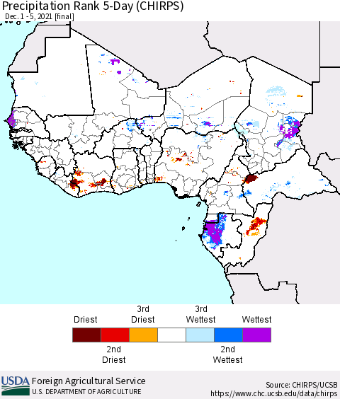Western Africa Precipitation Rank since 1981, 5-Day (CHIRPS) Thematic Map For 12/1/2021 - 12/5/2021