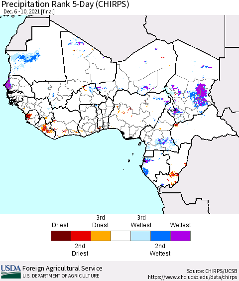 Western Africa Precipitation Rank since 1981, 5-Day (CHIRPS) Thematic Map For 12/6/2021 - 12/10/2021