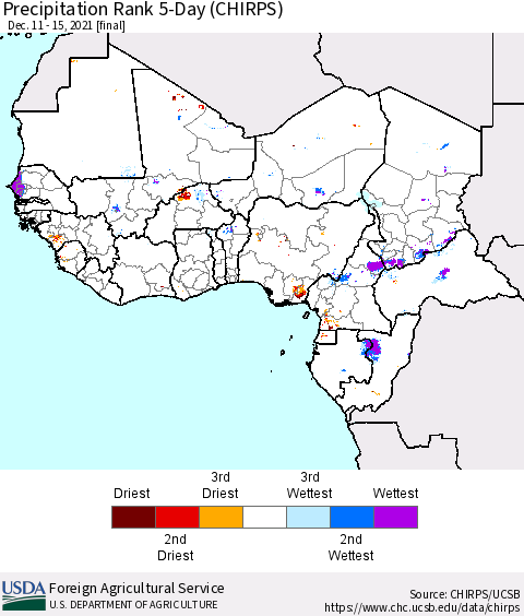 Western Africa Precipitation Rank since 1981, 5-Day (CHIRPS) Thematic Map For 12/11/2021 - 12/15/2021