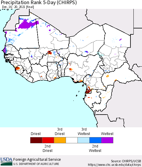 Western Africa Precipitation Rank since 1981, 5-Day (CHIRPS) Thematic Map For 12/16/2021 - 12/20/2021