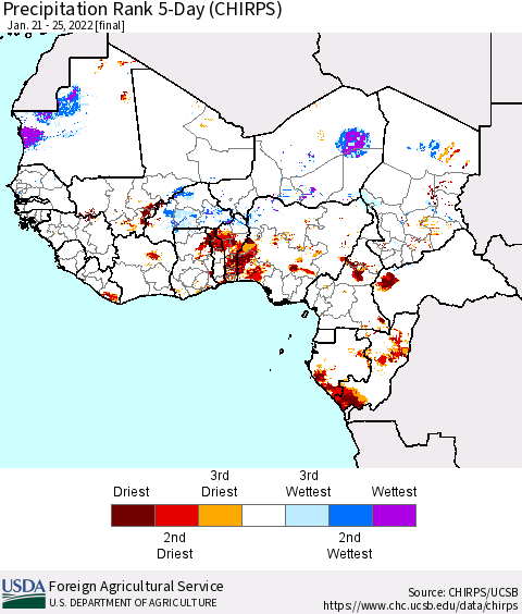 Western Africa Precipitation Rank since 1981, 5-Day (CHIRPS) Thematic Map For 1/21/2022 - 1/25/2022