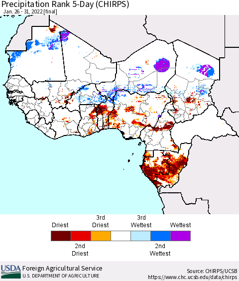 Western Africa Precipitation Rank since 1981, 5-Day (CHIRPS) Thematic Map For 1/26/2022 - 1/31/2022