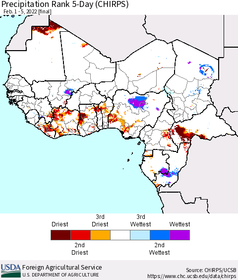 Western Africa Precipitation Rank since 1981, 5-Day (CHIRPS) Thematic Map For 2/1/2022 - 2/5/2022