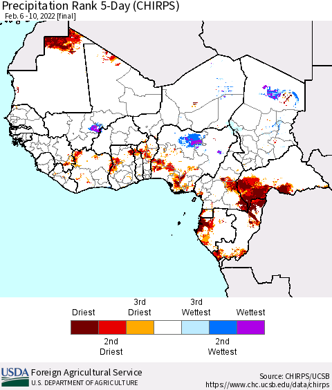 Western Africa Precipitation Rank since 1981, 5-Day (CHIRPS) Thematic Map For 2/6/2022 - 2/10/2022