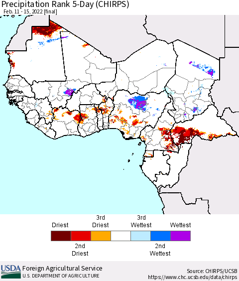 Western Africa Precipitation Rank since 1981, 5-Day (CHIRPS) Thematic Map For 2/11/2022 - 2/15/2022
