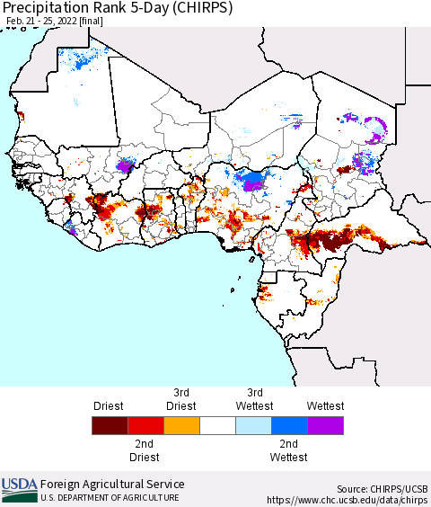 Western Africa Precipitation Rank since 1981, 5-Day (CHIRPS) Thematic Map For 2/21/2022 - 2/25/2022
