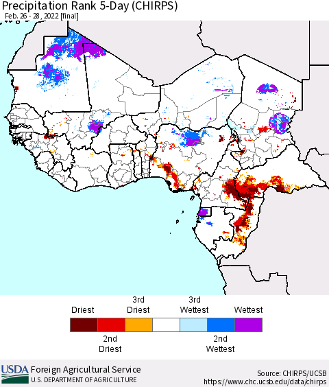 Western Africa Precipitation Rank since 1981, 5-Day (CHIRPS) Thematic Map For 2/26/2022 - 2/28/2022