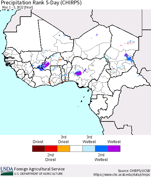 Western Africa Precipitation Rank since 1981, 5-Day (CHIRPS) Thematic Map For 3/1/2022 - 3/5/2022