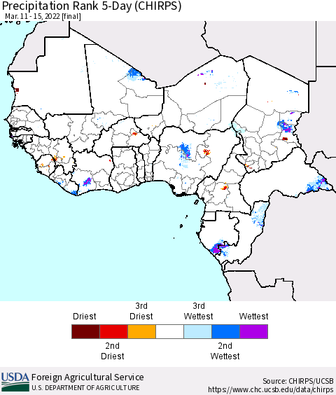 Western Africa Precipitation Rank since 1981, 5-Day (CHIRPS) Thematic Map For 3/11/2022 - 3/15/2022