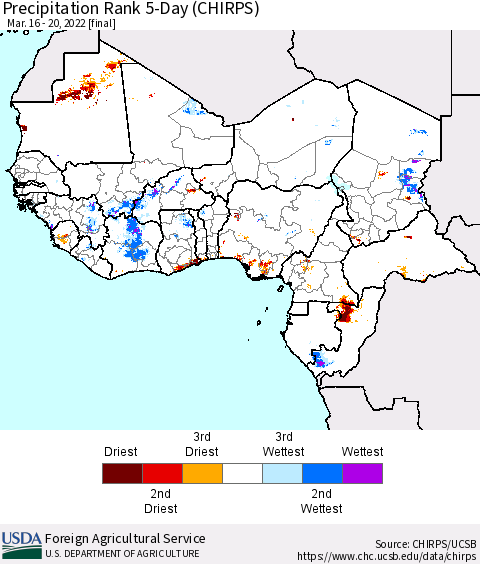 Western Africa Precipitation Rank since 1981, 5-Day (CHIRPS) Thematic Map For 3/16/2022 - 3/20/2022