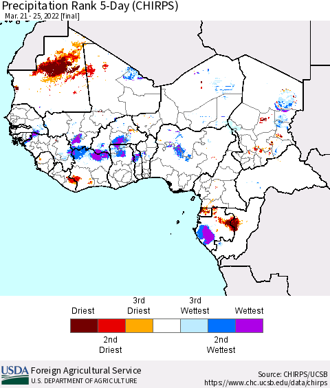 Western Africa Precipitation Rank since 1981, 5-Day (CHIRPS) Thematic Map For 3/21/2022 - 3/25/2022