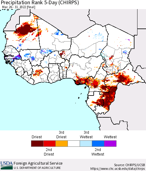 Western Africa Precipitation Rank since 1981, 5-Day (CHIRPS) Thematic Map For 3/26/2022 - 3/31/2022