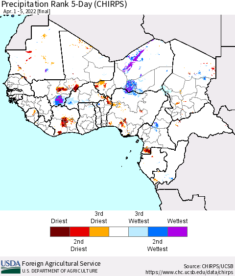 Western Africa Precipitation Rank since 1981, 5-Day (CHIRPS) Thematic Map For 4/1/2022 - 4/5/2022