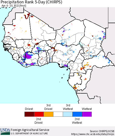 Western Africa Precipitation Rank since 1981, 5-Day (CHIRPS) Thematic Map For 4/6/2022 - 4/10/2022