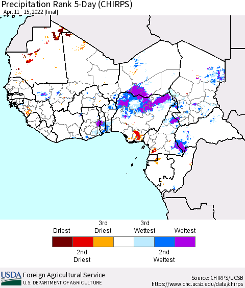Western Africa Precipitation Rank since 1981, 5-Day (CHIRPS) Thematic Map For 4/11/2022 - 4/15/2022
