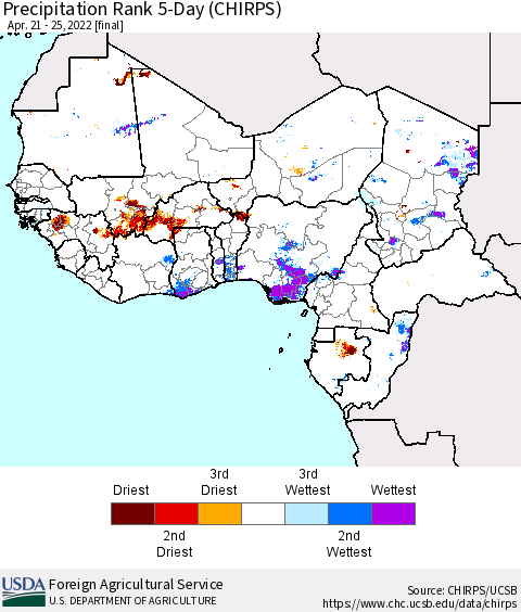 Western Africa Precipitation Rank since 1981, 5-Day (CHIRPS) Thematic Map For 4/21/2022 - 4/25/2022