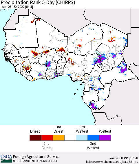 Western Africa Precipitation Rank since 1981, 5-Day (CHIRPS) Thematic Map For 4/26/2022 - 4/30/2022