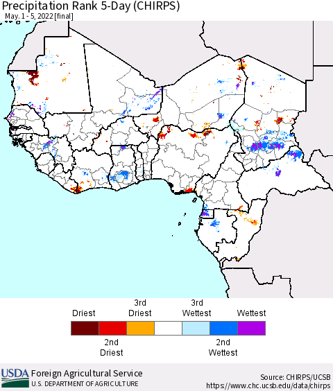 Western Africa Precipitation Rank since 1981, 5-Day (CHIRPS) Thematic Map For 5/1/2022 - 5/5/2022