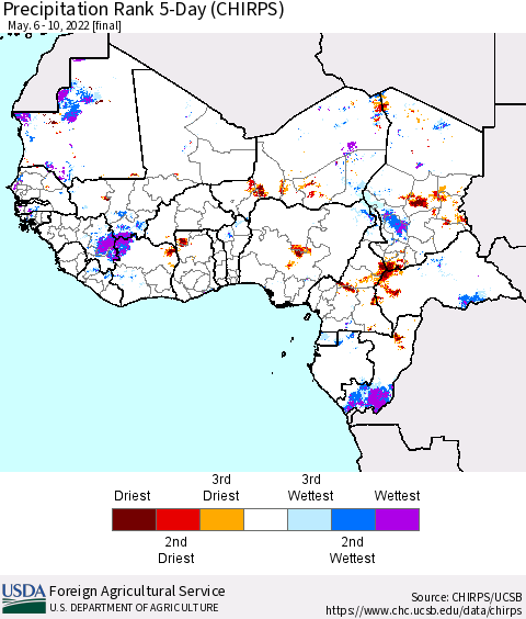 Western Africa Precipitation Rank since 1981, 5-Day (CHIRPS) Thematic Map For 5/6/2022 - 5/10/2022