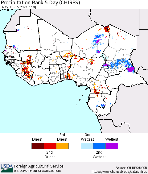Western Africa Precipitation Rank since 1981, 5-Day (CHIRPS) Thematic Map For 5/11/2022 - 5/15/2022