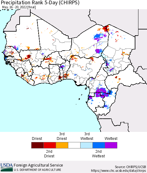 Western Africa Precipitation Rank since 1981, 5-Day (CHIRPS) Thematic Map For 5/16/2022 - 5/20/2022