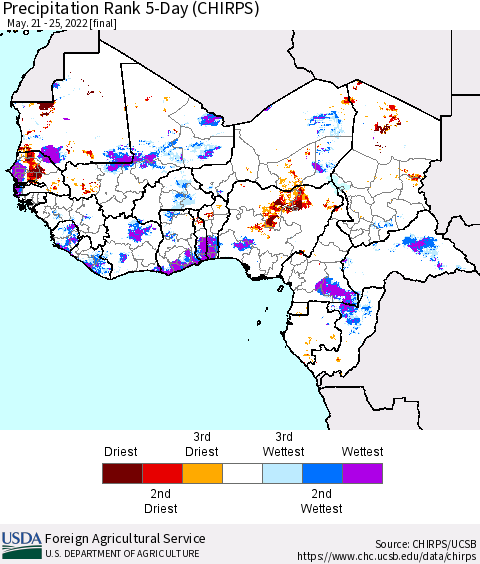 Western Africa Precipitation Rank since 1981, 5-Day (CHIRPS) Thematic Map For 5/21/2022 - 5/25/2022
