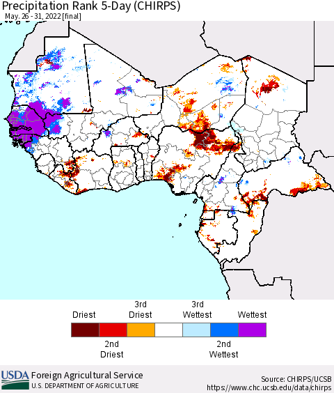 Western Africa Precipitation Rank since 1981, 5-Day (CHIRPS) Thematic Map For 5/26/2022 - 5/31/2022